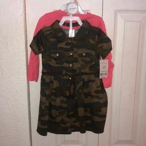 Camouflage dress with peach camisole.